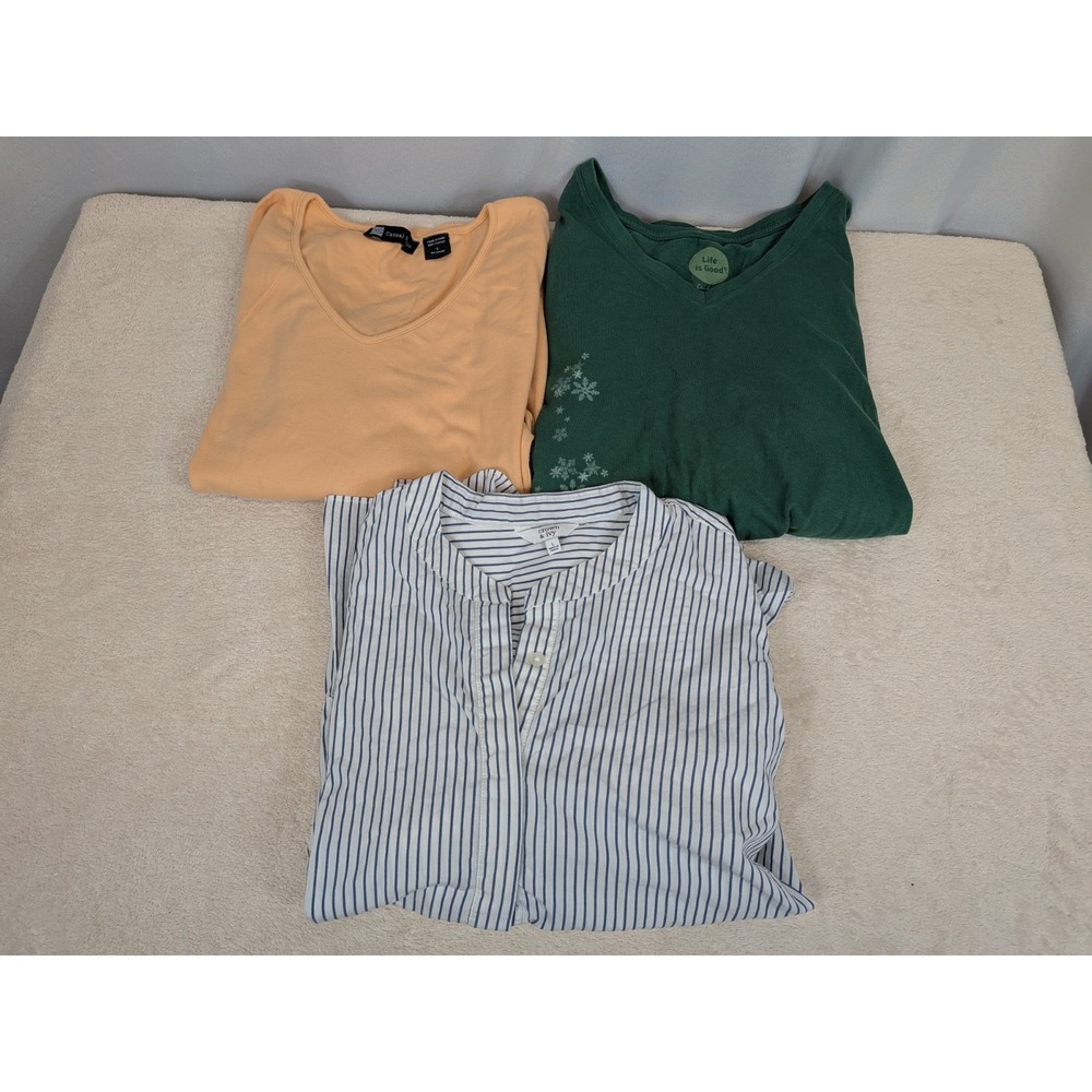 Lot of 3 Tops Large Life is Good Snowflake Crown & Ivy Striped Casual Studio L